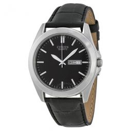 Black Dial Black Leather Mens Watch