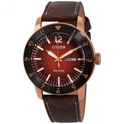 Orange Dial Brown Leather Mens Watch