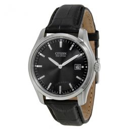 Eco Drive Black Dial Black Leather Mens Watch