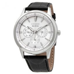Chronograph Silver Dial Black Leather Mens Watch