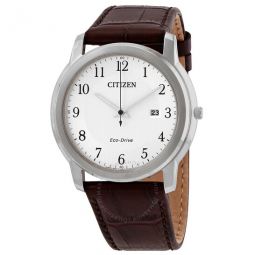 Silver Dial Brown Leather Mens Watch