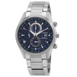 Eco-Drive Perpetual Alarm World Time Chronograph GMT Blue Dial Mens Watch