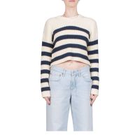 Striped Ribbed Cropped Sweater - Ecru/Navy