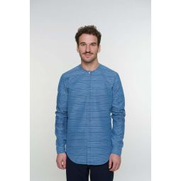 Italian Cotton Denim Harmony Colarless Shirt - Blue Indigo Horizontal Stripe