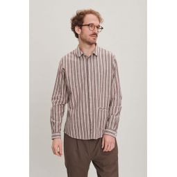 Japanese Cotton/Linen Cute Round Collar Shirt - Taupe Brown/White Stripe