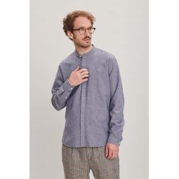 Fine Organic Portuguese Cotton/Linen Zen Grandad Collar Shirt - Chambray Blue
