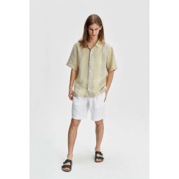 Superb Italian Traceable Linen Short Sleeve Cuban Collar Shirt - Yellow/Beige Stripe