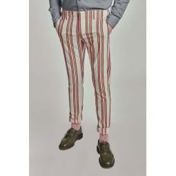 Slim Fit in a White, Yellow and Coral Red and Black Striped Woven Italian Cotton Trousers - Multi