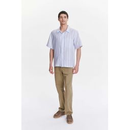 Italian Linen Short Sleeve Cuban Collar Shirt - Subtle Blue/White Stripe