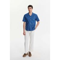 Italian Cotton Short Sleeve Camp Collar Shirt - Blue Abstract Flower Print