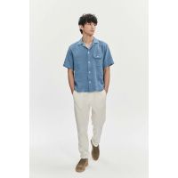 Airy Structural Portuguese Cotton Short Sleeve Camp Collar Shirt - Blue