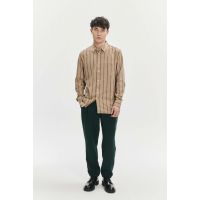 Herringbone Japanese Cotton Flannel Feel Good Shirt - Tonal Beige/Bordeaux Subtle Striped
