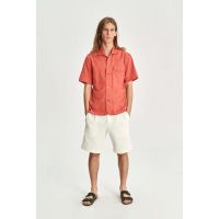 Soft Airy Portuguese Cotton Short Sleeve Tiger Spread Collar Shirt - Coral Red