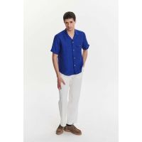 Soft and Airy Bohemian Linen Short Sleeve Camp Collar Shirt - Cobalt Blue