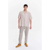 Superb Italian Traceable Linen Short Sleeve Relaxed Cuban Collar Shirt - Tonal Pink/Beige Stripes