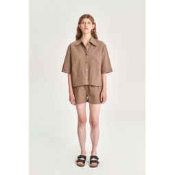 Side Pockets and Portuguese Cotton Decorative Darts Relaxed Shirt Jacket - Brown