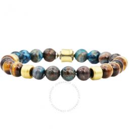 18KT Gold Plated Blue Crazy Lace Tiger Eye Stainless Steel Beaded Bracelet for Mens Boys