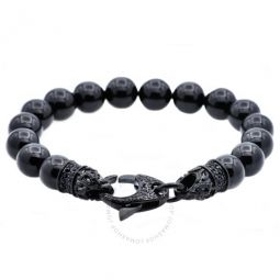 Genuine Onyx Black Stainless Steel Beaded Bracelet for Mens Boys with Black Cubic Zirconia