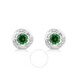 Created Emerald and White Sapphire Gemstone Sterling Silver Six Prong Stud Earrings for Women
