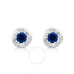Created Blue and White Sapphire Gemstone Sterling Silver Six Prong Stud Earrings for Women