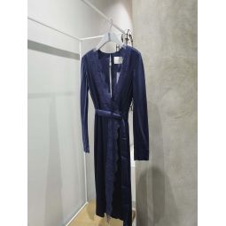 Silk Satin Lace Trim Longsleeve Dress - Navy