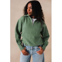 UNISEX HALF ZIP-UP RIBBED WOOL SWEATER - SOFT GREEN
