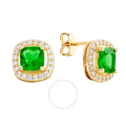 Womens 18K Yellow Gold Plated Green CZ Simulated Cushion Diamond Halo Stud Earrings