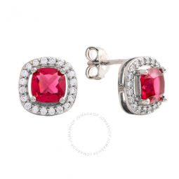 Womens 18K White Gold Plated Red CZ Simulated Cushion Diamond Halo Stud Earrings