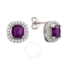 Womens 18K White Gold Plated Purple CZ Simulated Cushion Diamond Halo Stud Earrings
