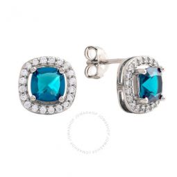 Womens 18K White Gold Plated Blue CZ Simulated Cushion Diamond Halo Stud Earrings