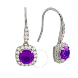 Womens 18K White Gold Plated Purple CZ Simulated Cushion Diamond Halo Drop Earrings
