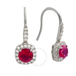 Womens 18K White Gold Plated Red CZ Simulated Cushion Diamond Halo Drop Earrings