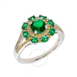 Womens 18K White Gold Plated Green and Yellow CZ Simulated Diamond Floral Halo Ring Size 6