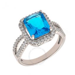 Womens 18K White Gold Plated Blue CZ Simulated Cushion Diamond Halo Statement Cocktail Ring Size 5