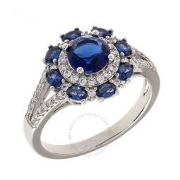 Womens 18K White Gold Plated Blue CZ Simulated Diamond Floral Halo Ring Size 7