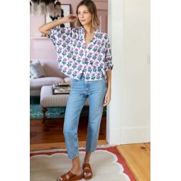 Mandarin Collar Top - Big Marigolds Purple Organic