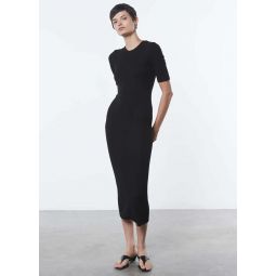 Silk Rib Half Sleeve Midi Dress - Black