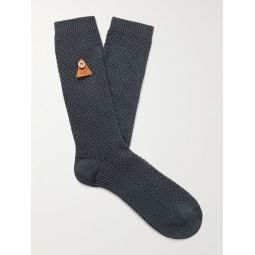 Leather-Trimmed Waffle-Knit Cotton-Blend Socks
