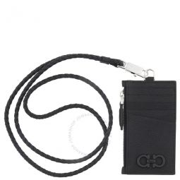 Salvatore Black Leather Gancini Card Holder With Strap