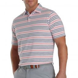 FootJoy Space Dye Stripe Lisle Self Collar Golf Polo - White/Navy/Coral Red