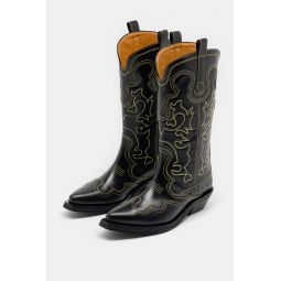 Mid Shaft Embroidered Western Boot in Black/Yellow