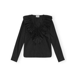 Cotton Poplin Ruffle V-Neck Blouse