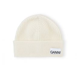 White Fitted Wool Rib Knit Beanie