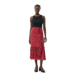 Red Pleated Georgette Flounce Midi Skirt