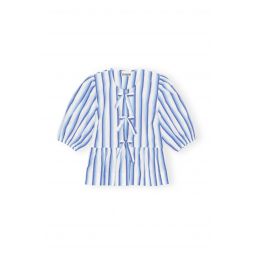 Stripe Cotton Peplum Puff Sleeve Blouse - Silver Lake Blue