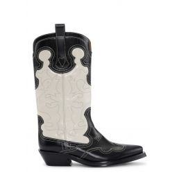 Mid Shaft Embroidered Western Boot - Black/Egret