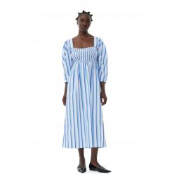 Stripe Cotton Open-neck Smock Long Dress - Silver Lake Blue