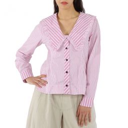 Ladies Ruffled Striped Organic Cotton-Poplin V-Neck Blouse, Brand Size 40 (US Size 6)