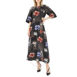 Women Maxi Silk Dress Flowers Black, Size 38