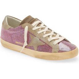 Women Super Star Glitter Lace up Sneakers Shoes - Pink